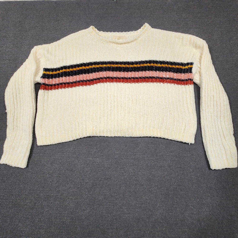 LA Hearts Sweater Women M Cream Striped Chenille Knit Cropped Pullover